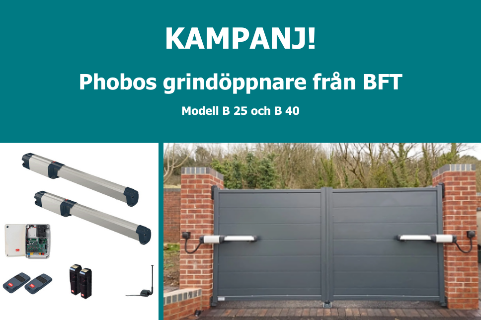 Bild på grindöppnare från BFT och en grindsats från Mared EntryTech.